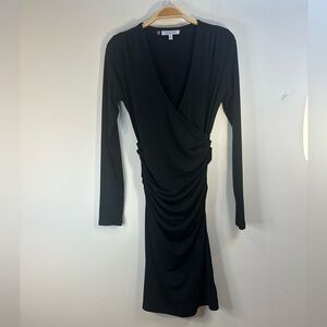 Jennifer Lopez Sz S Black Faux Wrap Dress Long Sleeve Midi Below Knee Bodycon